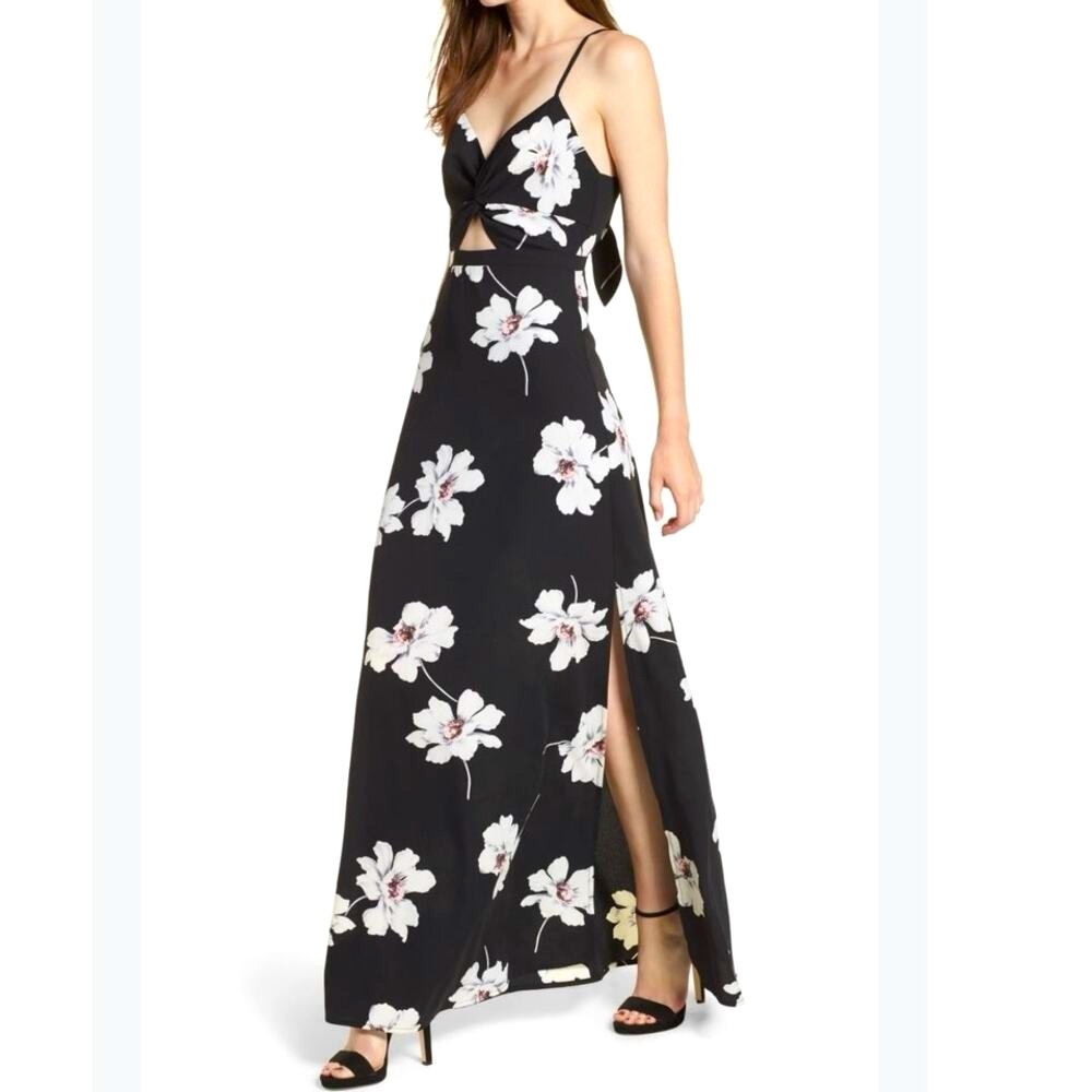 Elegant Floral Black and White Zipper Cut Out Lined Maxi Dress with Leg Slit